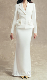 flower embellished jacket skirt set in white