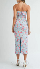 sherry strapless floral midi dress in blue