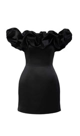 BLACK SATIN RUFFLE STRAPLESS DRESS