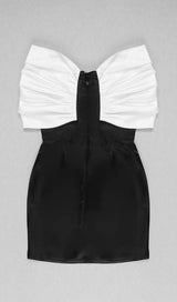 SATIN PINK BOW OFF SHOULDER MINI DRESS IN WHITE