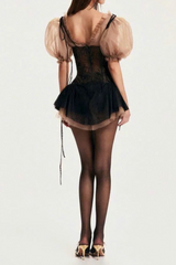 puff sleeve top lace skirt set in black