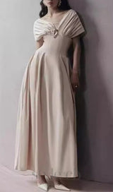 RUCHED SHOULDER MAXI DRESS IN APRICOT