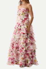 yetta Strapless Floral Printed Layered Maxi Dress