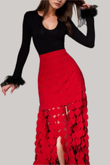 CIRCLE CUTOUT FRINGE SKIRT IN RED