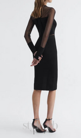 lyla knitted sheer sleeve midi dress in black