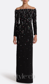 Pamaria Diamante Embroidery Off Shoulder Maxi Dress