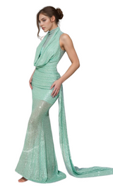 agatha Cowl Backless Sequin Maxi Dress in green