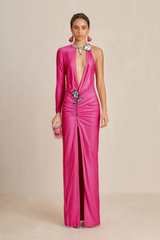 CRYSTAL FLOWER CUTOUT RUCHED DRESS