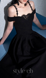 AMY LACE V-NECK PEARL STRAP MIDI MIDI DRESS IN BLACK