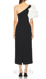 white flower embellished strapless black  midi dress