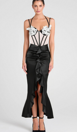 BEULAH BLACK SATIN CORSET SEQUIN WING CUP DRESS