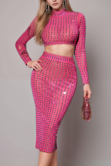 EMBELLISHED SPLIT MESH SKIRT SET IN HOT PINK