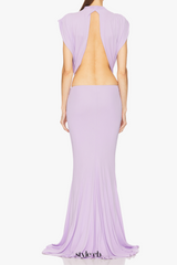 bernice Bow Patch Cut Backless Maxi Dress in purple