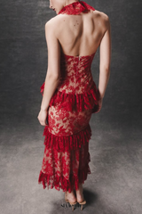caitlin Lace Halter Ruffle Midi Dress in red