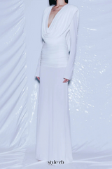 long sleeve draped cowl neck maxi dress in white