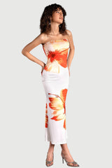 SARRIDES STRAPLESS PRINT MIDI DRESS