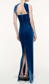josephine off-shoulder velvet sash gown in blue