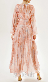 puff long sleeve tiered ruffle hem maxi dress in pink