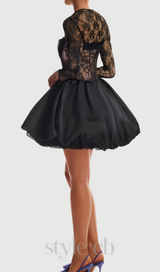 sally lace puffball mini dress in black