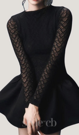 Lace Patchwork Puff Mini Dress in black