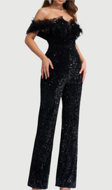 off-shoulder sequin jumpsuit in black