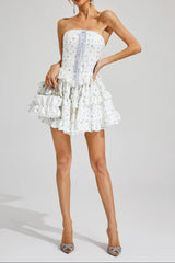 martha Ruffle printed strapless Mini Dress in blue
