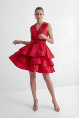 jessica Red V-neck Tiered Ruffle Mini Dress