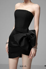 aurora ROSE BOW strapless mini DRESS in black