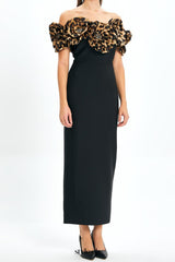 3d flower leopard pattern bandage maxi dress in black