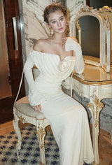 lila flower embellished pleated strapless maxi dress in white