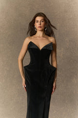amity Black Deep V-neck strapless Velvet Maxi Dress