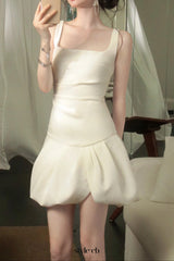 arabela square neck bud mini dress in beige