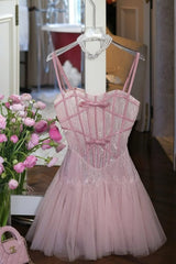 bow Tulle Corset mini Dress in Pink