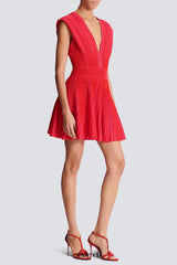 v-neck sleeveless flared knit mini dress in red