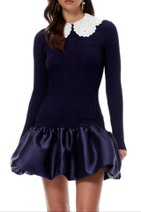 lorraine Navy Blue Satin Panel Knit Mini Dress