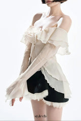 apricot One-shoulder tube top with backless ruffled mesh skirt set