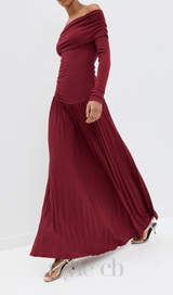 sara bodycon strapless long sleeve maxi dress in burgundy