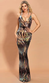 V-NECK EMBELLISHED SEQUIN BACKLESS MAXI DRESS