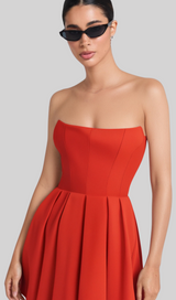 tomato red strapless pleated mini dress