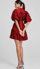 AthÉnaÏs red jacquard semi-sheer mini dress