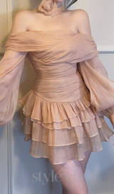 PUFF SLEEVE RUFFLE TRIM MESH CREP DRESS IN NUDE COLOR