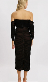 Gwenonwy black ruched mesh top & skirt matching set