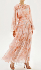 puff long sleeve tiered ruffle hem maxi dress in pink