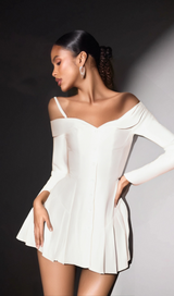 off-shoulder pleated trim mini dress in white