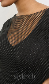 sleeveless mesh shift midi dress in black