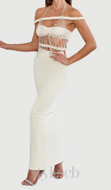 crystal chain embellished fishtail skirt set in apricot