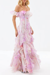 helen Floral Frill Off-Shoulder Maxi Dress in pink