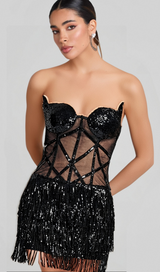 BLACK MESH SEQUINS BEADING CORSET MINI DRESS