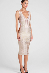 METALLIC BANDAGE MIDI DRESS IN APRICOT