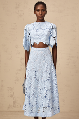 penny Openwork floral lace blouse maxi skirt set - blue